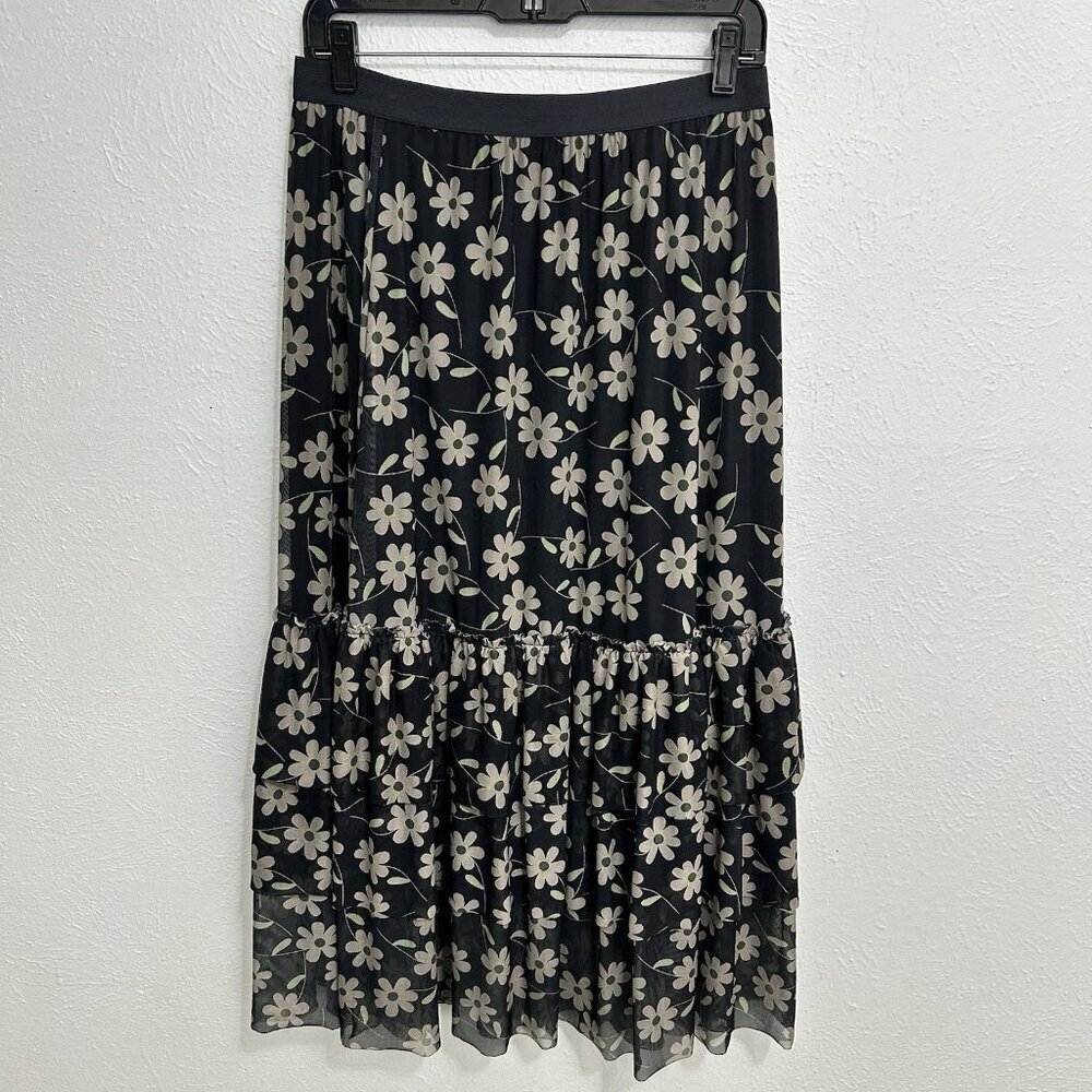 Easel Floral Tiered Ruffle Midi Skirt Chiffon Size L Lined Black Gray Boho Fairy